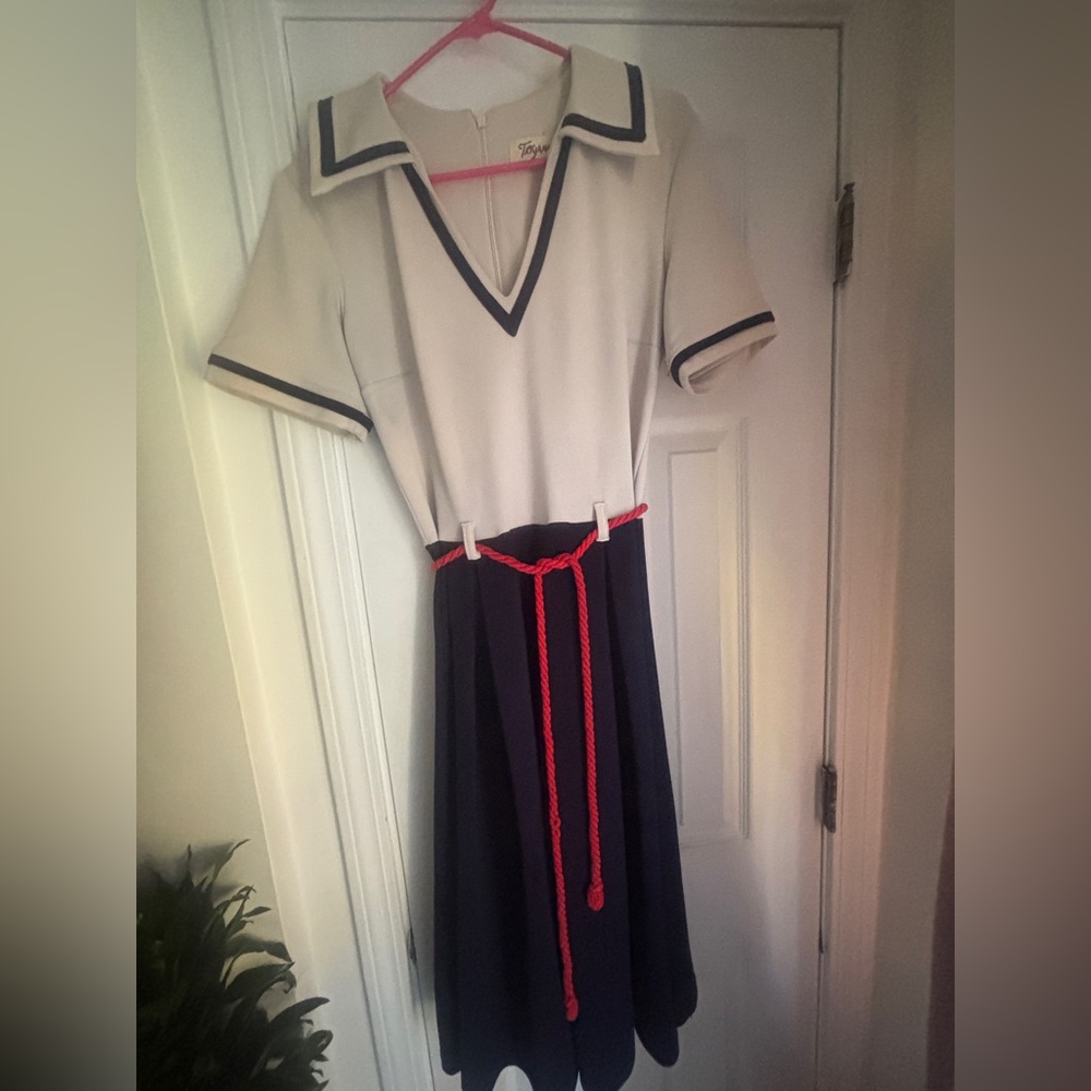 Tatyana vintage inspired 50’s pinup dress- navy blue and cream with red belt